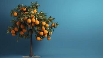 Mandarinen Baum auf Blau Hintergrund. Kopieren Raum. generativ ai. foto