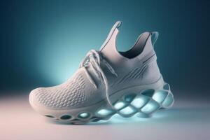 ein futuristisch Sport Schuh auf ein Licht Hintergrund erstellt mit generativ ai Technologie. foto