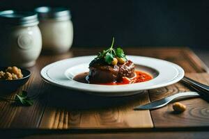 Hähnchen Leber mit rot Soße auf ein hölzern Tabelle im ein Restaurant ai generieren foto