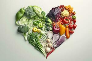 Herz gemacht von frisch Gemüse auf Licht Hintergrund, oben Sicht. gesund Essen Konzept ai generieren foto