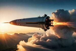 Raum Shuttle fliegend Über Wolken beim Sonnenuntergang ai generieren foto