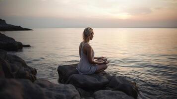 meditieren in der Nähe von Meer, Erwachen das Sieben Chakren im Frauen, Illustration, generativ ai foto