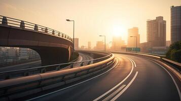 gebogen Rampe von ein Autobahn Über Straßen beim Sonnenaufgang mit Erleuchtung und Vorbeigehen Straße Verkehr, generativ ai foto