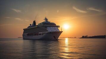 Luxus Kreuzfahrt Schiff Segeln zu Hafen auf Sonnenaufgang, generativ ai foto