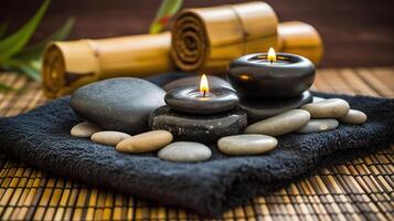 Spa Massage Steine mit Kerzen und Handtücher auf Bambus Matte - - Meditation Konzept, generativ ai foto