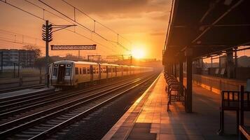 Zug halt beim Eisenbahn Bahnhof mit Sonnenuntergang, generativ ai foto