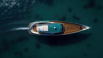 Antenne Drohne oben Nieder Foto von Luxus Yacht Nase mit hölzern Deck verankert , generativ ai