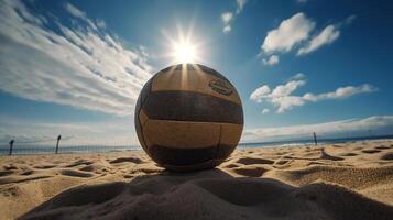 Strand Volleyball. Spiel Ball unter Sonnenlicht und Blau Himmel, generativ ai foto