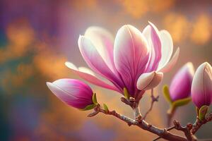Nahansicht von Blühen Magnolie Baum im Frühling auf Pastell- Bokeh Hintergrund. generativ ai foto