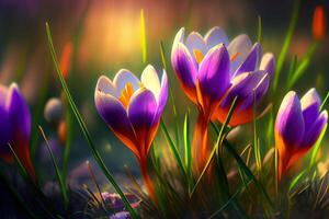 Frühling Blumen - - Krokus Blüten auf Gras mit Sonnenlicht. generativ ai foto
