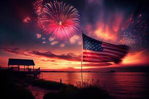 amerikanisch Feier - - USA Flagge und Feuerwerk beim Sonnenuntergang. generativ ai foto