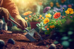 Person Bewässerung Topf Blumen schließen oben Fotografie. generativ ai foto