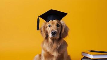 ai generiert süß Hund golden Retriever Schüler im akademisch Deckel Doktorhut Nächster zu Bücher gegen Gelb Hintergrund Studie und Bildung Konzept generativ ai foto