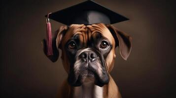 ai generiert süß Hund rot Kitz Boxer Schüler im akademisch Deckel mit rot Quaste Doktorhut Nächster zu Bücher gegen dunkel Hintergrund Studie und Bildung Konzept generativ ai foto