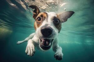 unter Wasser komisch Foto von Jack russel Terrier. Sommer- Ferien mit Haustier. generativ ai Illustration