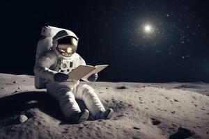 ein Astronaut liest ein Buch auf das Mond. generativ ai foto