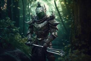 Fantasie Ritter mit alt Rüstung im das uralt Wald. generativ ai foto