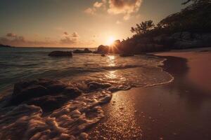 Sonnenuntergang auf ein Insel. Palme Bäume und Strand auf das Insel. ein magisch Platz zu entspannen generativ ai foto