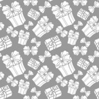 nahtlos asymmetrisch Muster von Weiß Geschenk Kisten auf ein grau Hintergrund, Textur, Hintergrund foto