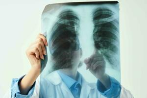 ein Krankenschwester im ein Weiß Mantel Röntgen Untersuchung Diagnose foto