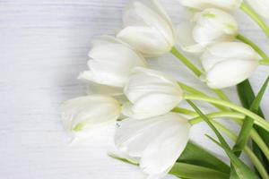 weiße Tulpenblüten auf weißem Holz foto