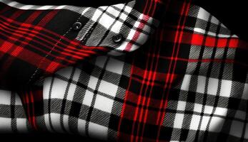 Schwarz, rot und Weiß Tartan Plaid nahtlos Stoff auf Shirt. ai generiert. foto