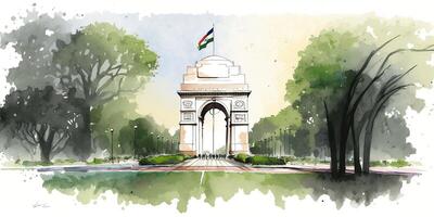 Illustration von Indien Tor im Neu Delhi auf abstrakt Flagge dreifarbig Hintergrund. ai generiert. foto