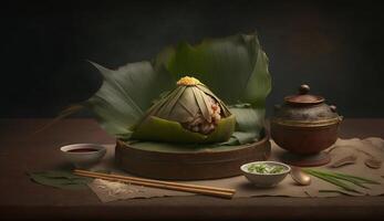 zongzi. Reis Knödel zum Chinesisch traditionell Drachen Boot Festival duanwu Festival. ai generiert. foto