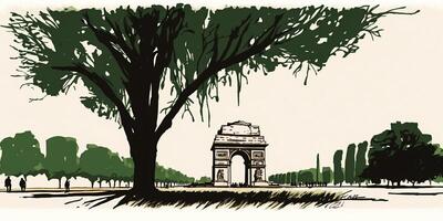 Illustration von Indien Tor im Neu Delhi auf abstrakt Flagge dreifarbig Hintergrund. ai generiert. foto