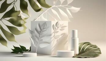3d Weiß Podium zum Schönheit Hautpflege Produkte Anzeige. Stand zu Show kosmetisch Produkt. ai generiert. foto