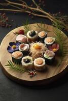 ein dekoriert Teller Gericht von japanisch Sushi vereinbart worden auf hölzern Platte, erstellt mit generativ ai foto
