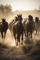 Gruppe von Pferde galoppierend im das Wiese, erstellt mit generativ ai foto