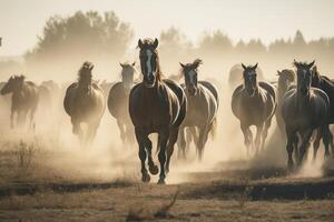 Gruppe von Pferde galoppierend im das Wiese, erstellt mit generativ ai foto