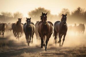 Gruppe von Pferde galoppierend im das Wiese, erstellt mit generativ ai foto