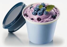 Blaubeere Joghurt im ein Papier Tasse mit ein Deckel. Milch Produkte. ai generiert foto