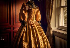 19 .. Jahrhundert Frauen Kleid auf ein Mannequin im das Zimmer. ai generiert foto