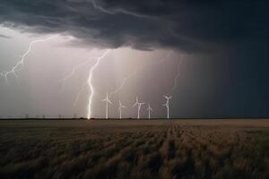 ai generiert Energie Speichern Windmühlen, Turbine beim Natur, Meer, Berge, Felder foto