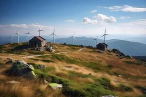 ai generiert Energie Speichern Windmühlen, Turbine beim Natur, Meer, Berge, Felder foto