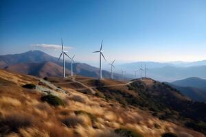 ai generiert Energie Speichern Windmühlen, Turbine beim Natur, Meer, Berge, Felder foto