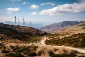 ai generiert Energie Speichern Windmühlen, Turbine beim Natur, Meer, Berge, Felder foto