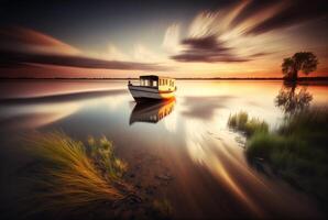 Landschaft Aussicht von Schiff auf Fluss und Sonnenuntergang, generativ ai foto