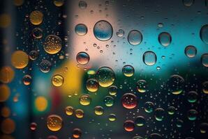 schließen oben von Regentropfen auf Glas zum Hintergrund. generativ ai foto