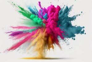 holi Farbe Pulver Explosion mit Regenbogen auf isoliert Weiß Hintergrund, platzen von beschwingt Farben. generativ ai foto