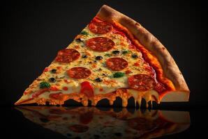 Scheibe von köstlich Pizza auf dunkel Hintergrund. generativ ai foto