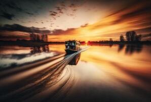 Landschaft Aussicht von Schiff auf Fluss und Sonnenuntergang, generativ ai foto