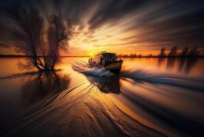 Landschaft Aussicht von Schiff auf Fluss und Sonnenuntergang, generativ ai foto