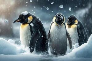 Pinguine spielen im das Schnee. generativ ai foto