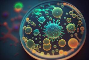 Nahansicht von Bakterien, mit Vergrößerung Glas im das Hintergrund. generativ ai foto