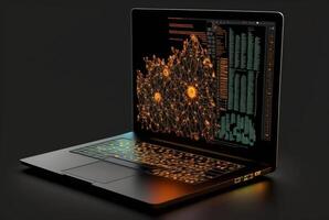 Laptop mit Daten Analytik isoliert schwarz Hintergrund. generativ ai foto