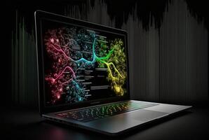 Laptop mit Daten Analytik isoliert schwarz Hintergrund. generativ ai foto